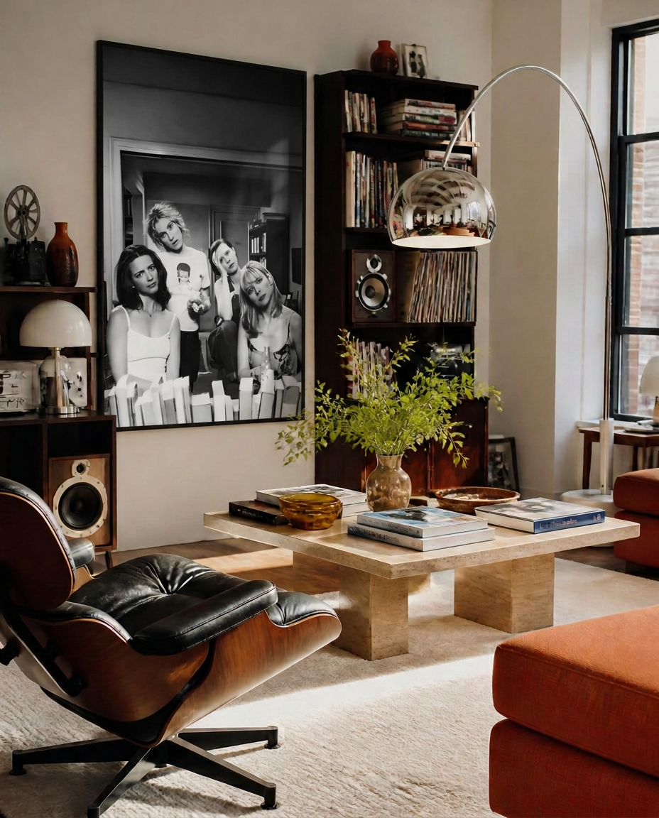 Loft de directeur artistique avec table basse en travertin, fauteuil en cuir et affiche Sex and the City encadrée