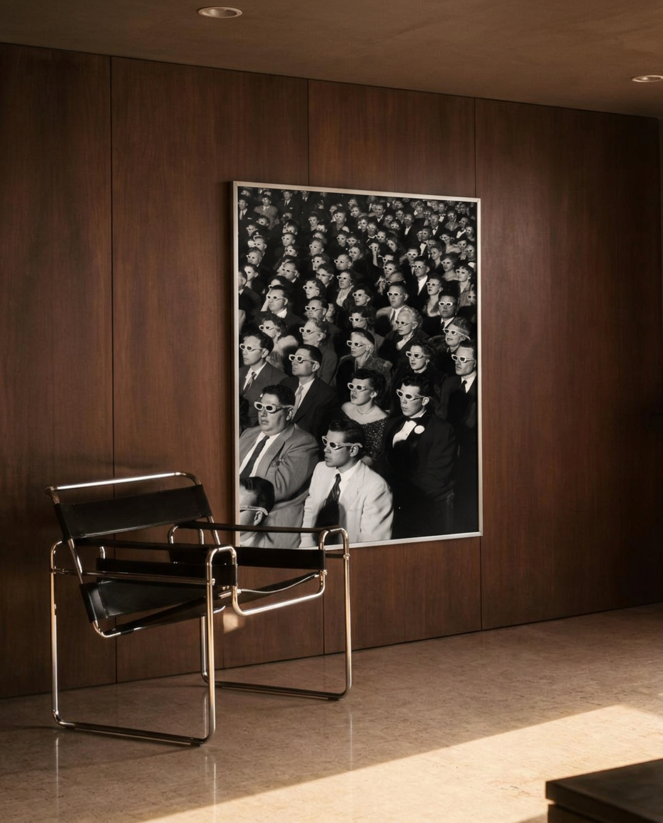 Salon d'architecte en bois foncé avec grande affiche cinéma encadrée et fauteuil chromé