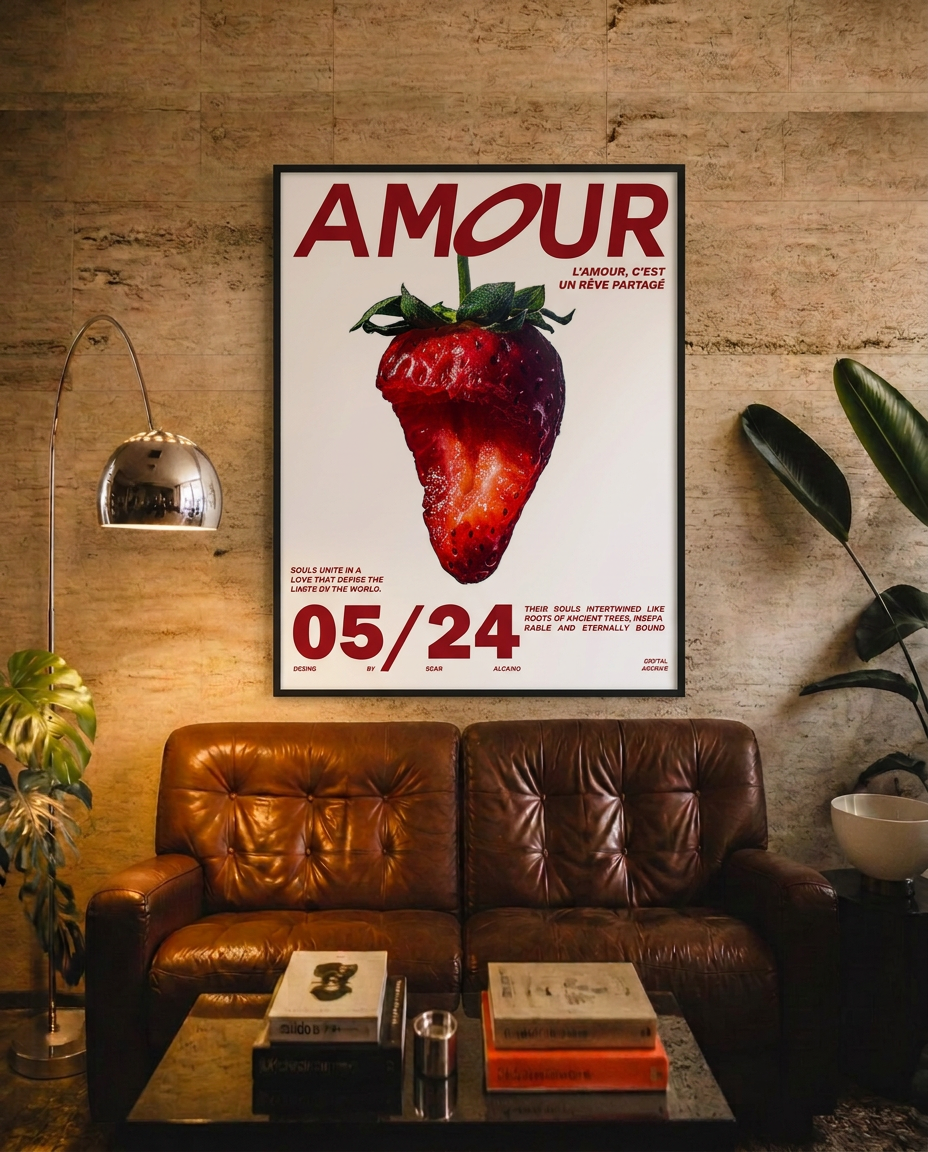 Mur en travertin d'un studio créatif avec l'affiche Amour encadrée, canapé en cuir brun et lampe arc chromée