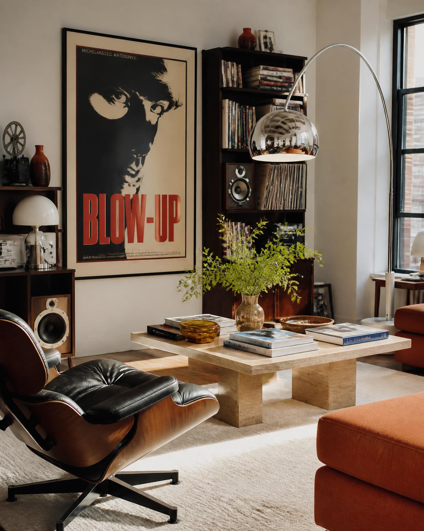 Loft de directeur artistique avec table basse en travertin, fauteuil en cuir et grande affiche cinéma encadrée